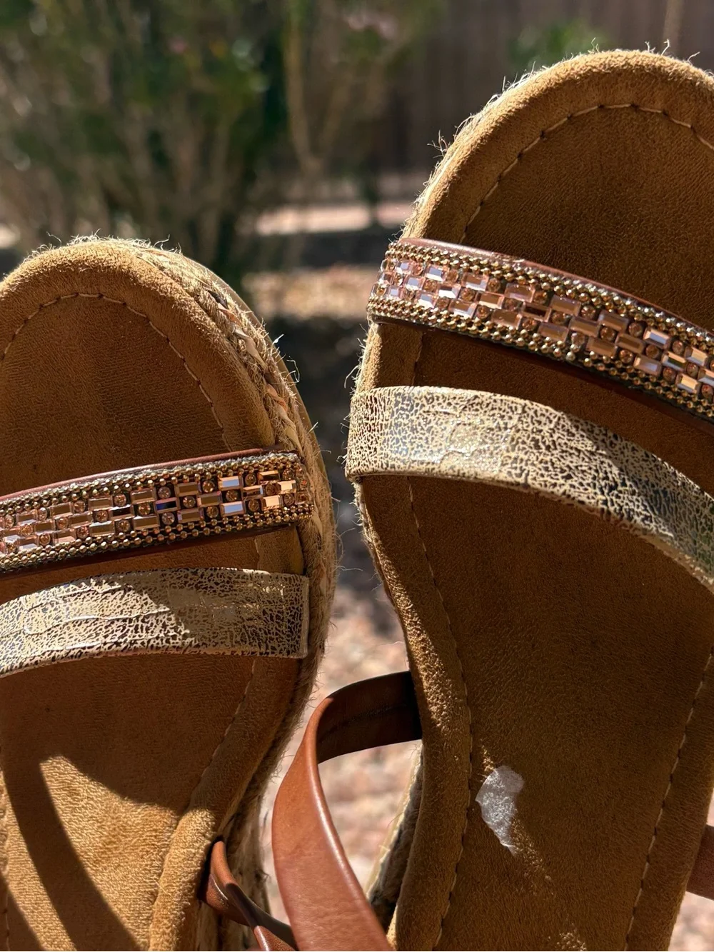 Abruce 7.5 Rhinestone Sandals Bronze Rose Gold Rope Cork 3” Wedge Heel